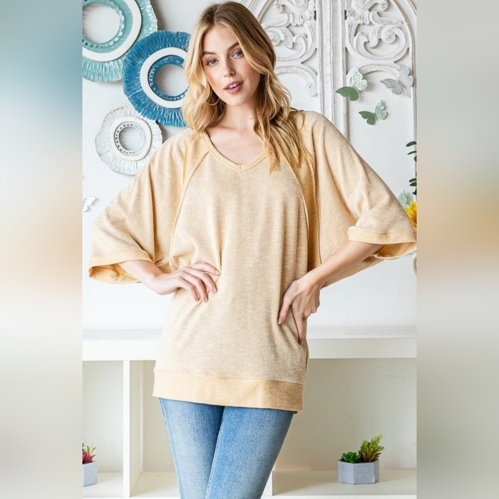 NWOT HEIMISH USA Ribbed Light Yellow V-Neck Dolman Sleeve Top Sz 1X